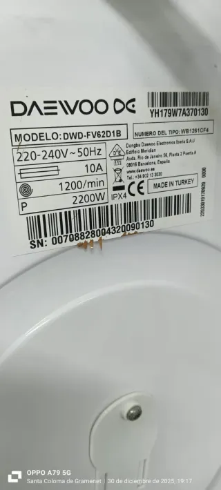 Lavadora Daewoo 9kg Carga Frontal A+++