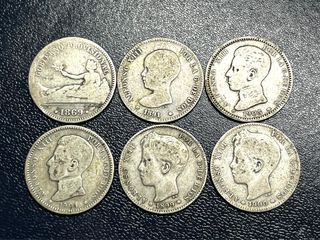Lote 6 monedas 1 peseta plata