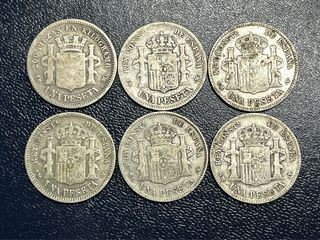 Lote 6 monedas 1 peseta plata
