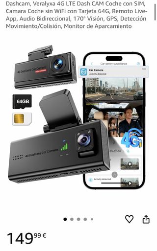 Dashcam 4G SIM Tarjeta64GB Camara Vigilancia coche