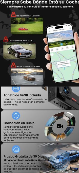 Dashcam 4G SIM Tarjeta64GB Camara Vigilancia coche