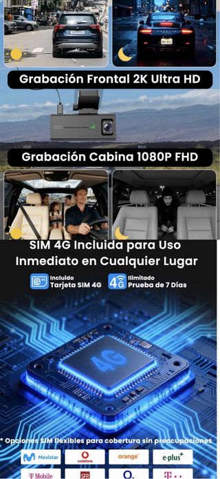 Dashcam 4G SIM Tarjeta64GB Camara Vigilancia coche
