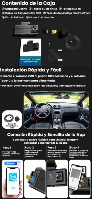 Dashcam 4G SIM Tarjeta64GB Camara Vigilancia coche