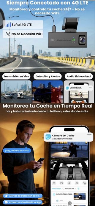 Dashcam 4G SIM Tarjeta64GB Camara Vigilancia coche