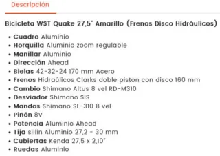 Bicicleta WST Aluminio MTB Sin Uso