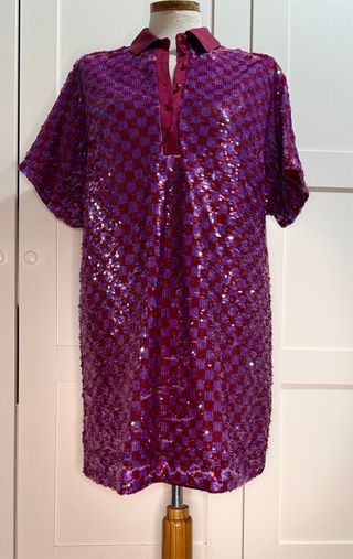 Vestido lentejuelas cuadros morado y rojo