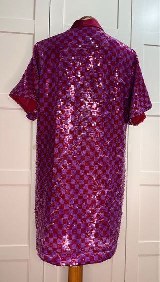 Vestido lentejuelas cuadros morado y rojo
