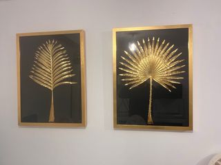 Set 2 Cuadros Hojas Doradas Marco Negro