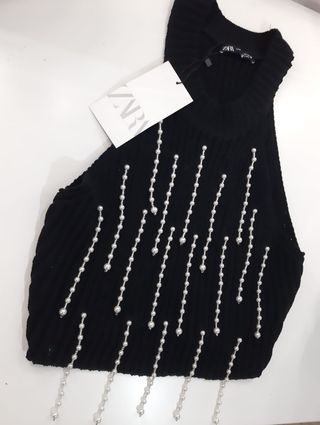 Top Zara Negro Perlas Nuevo