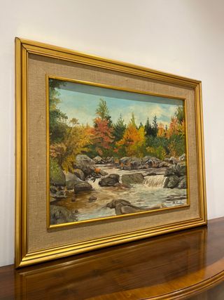 Cuadro Pintura Paisaje Río y Bosque Marco Dorado