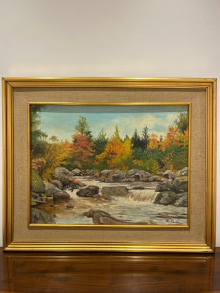 Cuadro Pintura Paisaje Río y Bosque Marco Dorado