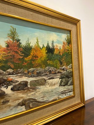 Cuadro Pintura Paisaje Río y Bosque Marco Dorado