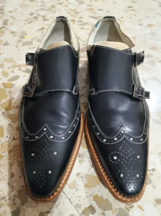 Zapatos Italianos Doble Hebilla Negro/Beige