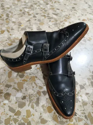 Zapatos Italianos Doble Hebilla Negro/Beige