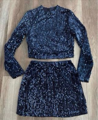 Conjunto Crop Top y Falda Lentejuelas Azul