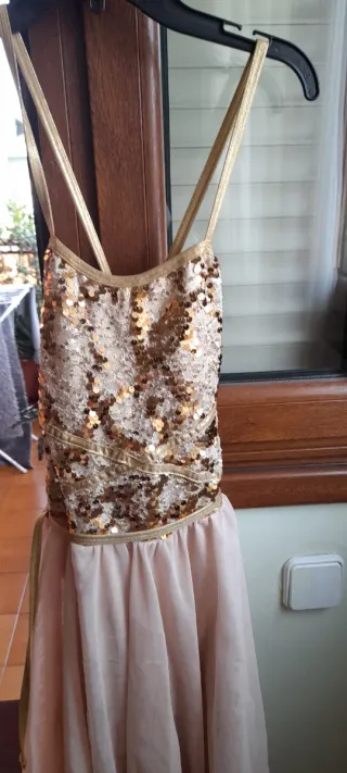 Vestido fiesta lentejuelas dorado y rosa