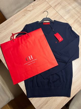 Jersey Vneck Algodón Gaseado Azul Carolina Herrera