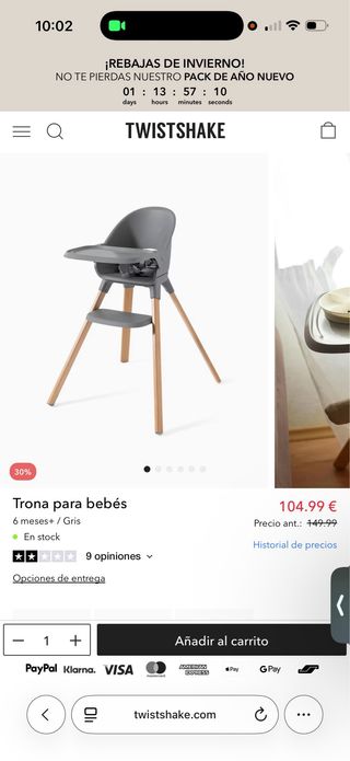 Trona bebé gris y madera Twistshake