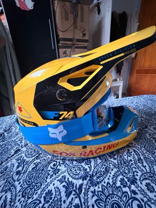 Casco Motocross Fox F74 Amarillo y Azul + gafas