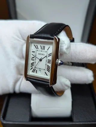 Reloj Seiko Mod Vintage Tank Negro Blanco y Azul