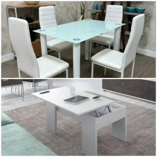 MESA DE COMEDOR DE CRISTAL + MESA CENTRO ELEVABLE