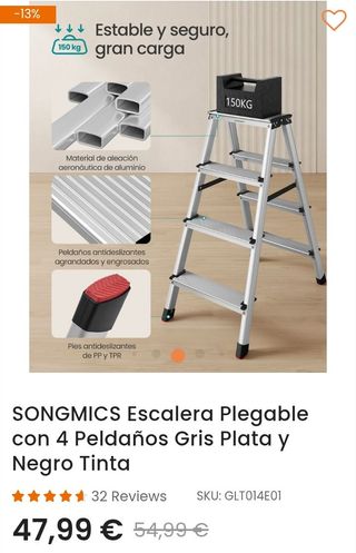 SONGMICS Escalera Plegable de Aluminio 4 Peldaños