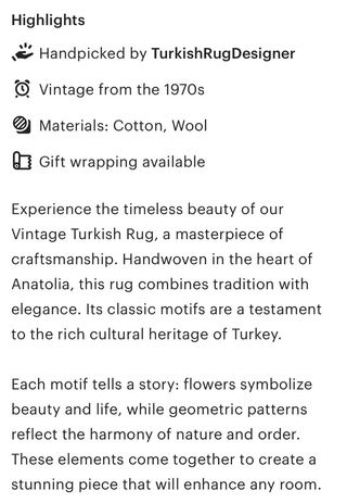 Alfombra Turca Vintage Lana 1970s