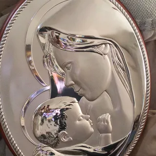 Cuadro Virgen Niño Plateado Ovalado