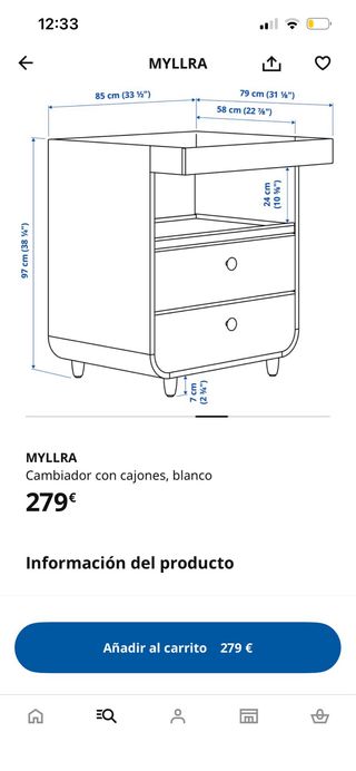 Cómoda cambiador bebe IKEA MYLLRA blanco y cajones