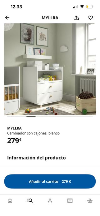 Cómoda cambiador bebe IKEA MYLLRA blanco y cajones