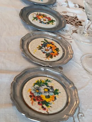 Set 4 Sottobicchieri Peltro Ceramica Fiori