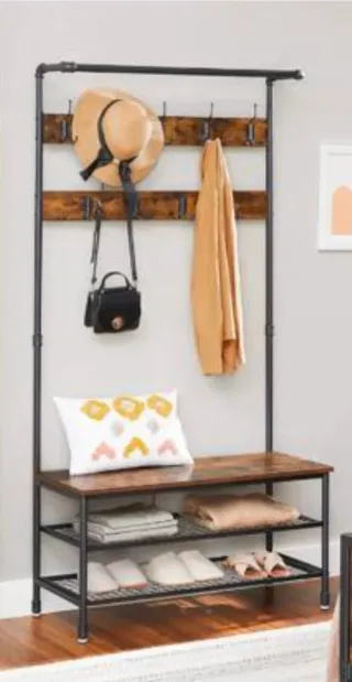 Perchero con zapatero de metal y madera