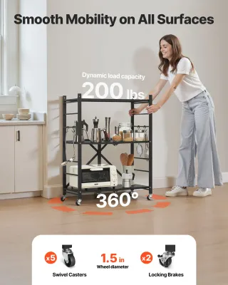 Scaffale Portaoggetti Pieghevole 3 Ripiani e Ruote