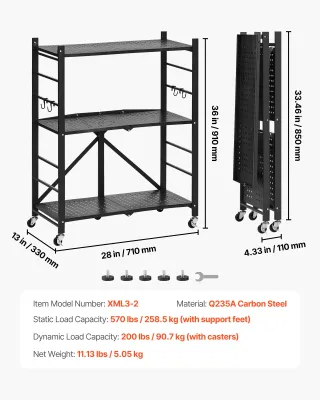 Scaffale Portaoggetti Pieghevole 3 Ripiani e Ruote