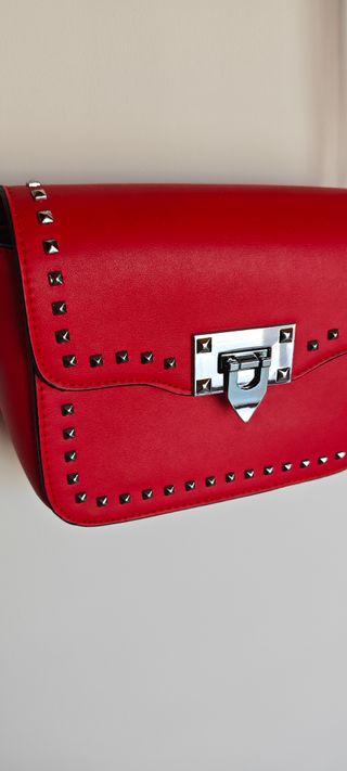 Borsa Tracolla Rossa Ecopelle Borchie Argento