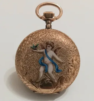 Reloj de bolsillo de oro 14k con querubín año 1890