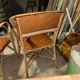 Pareja Sillas Vintage Ratán y Piel Sintética