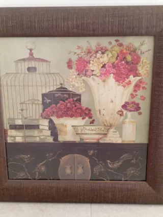 Pack 2 cuadros de flores y jaulas.