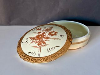 🇫🇷 Limoges Caja joyero redonda floral dorada