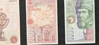 017 Billetes españoles pesetas 1000, 2000, 5000