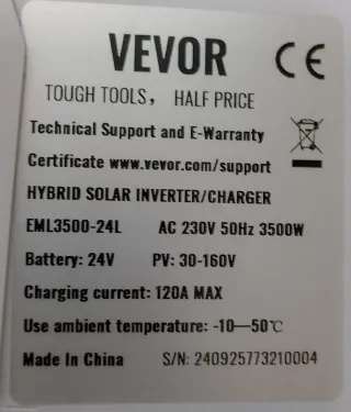 Inversor Solar Híbrido VEVOR 3500W por 180€