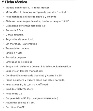 Mini Cross 50cc Gasolina Infantil Nueva.