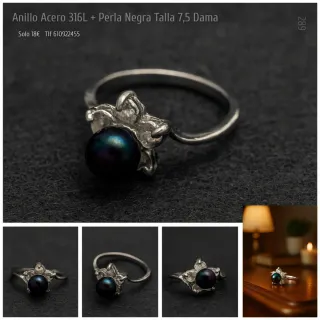 Anillo Acero 316L Talla 7.5 Dama Perla Negra