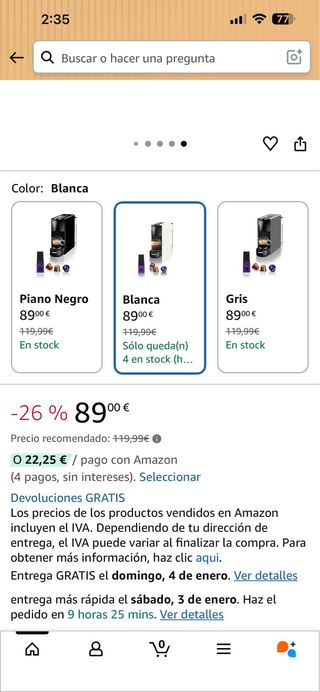 Cafetera Krups Nespresso Essenza Blanca