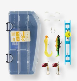 Caña de pescar y caja de señuelos niños. Decathon.