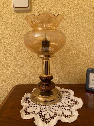 Lámpara de mesa bronce y cristal vintage