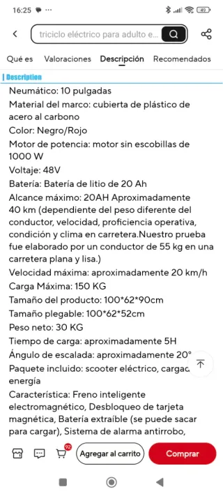 Triciclo Eléctrico Plegable 3 Ruedas