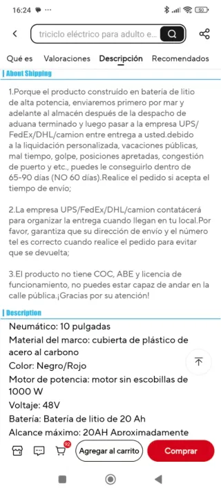 Triciclo Eléctrico Plegable 3 Ruedas