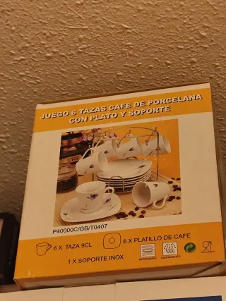 Juego 6 Tazas Café Porcelana con Plato y Soporte