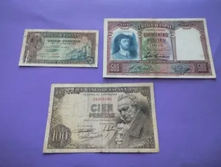 Billetes antiguos españoles 5, 100, 500 pesetas